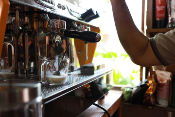 Coffee machine in cafe selective focus Prepare making hot coffee espresso with Professional coffee machine