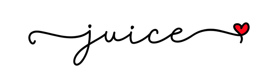 Juice love. Vector logo word. Design for poster, flyer, banner, menu cafe. Hand drawn calligraphy text. Typography fresh juice logo with heart symbol. Signboard icon juice.