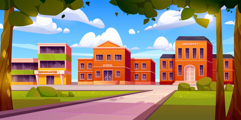 Cartoon school, kindergarten, university buildings. Vector illustration of city street with educational institutions, green lawn and trees on campus, blue sky with fluffy clouds. Modern architecture