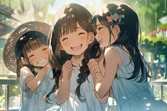 Three girls having fun together and smiling, Generative AI
