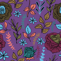 Floral colorful surface pattern with flowers, leaves, and branches 