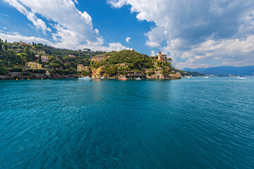 Coast of the famous village of Portofino, luxury tourist resort in Genoa Province, Liguria, Italy, Europe.
