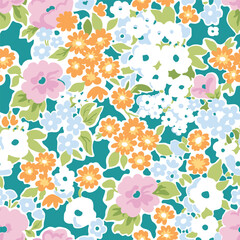 Fototapeta na wymiar Seamless pattern. Bright abstract floral pattern on a green background with a white outline. Illustrations of nature with pink, blue and orange flowers.