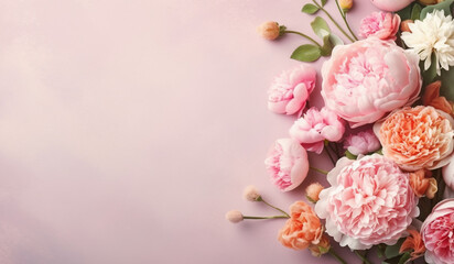 peonies delicated flowers of roses flatlay with large empty plain pastel background for text mockup generative ai