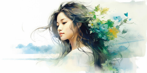 Double exposure portrait of young asian woman with a plants and leaves. Colorful creative watercolor illustration. Generative Ai