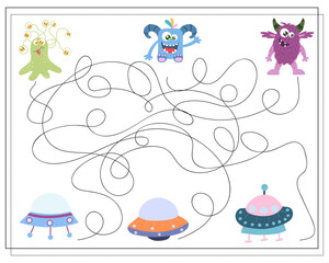Naklejka premium Maze, an educational game for children. Find the way from the cartoon monster to the flying saucer. Vector illustration