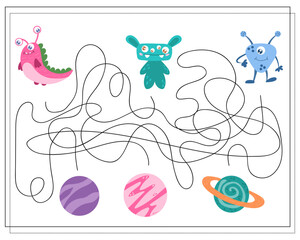 Maze, an educational game for children. Find the way from the cartoon monster to the flying saucer. Vector illustration