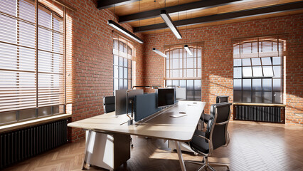 レンガの壁と大きな窓があるオフィス