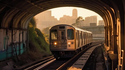 Obraz premium Los Angeles metro train makes its way into a tunnel as the sun sets on the horizon. Generative AI