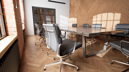 アームチェアと黒いテーブルのある会議室