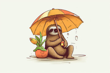 Sloth Hanging From Beach Umbrella, Wearing Beach Hat And Enjoying. Generative AI