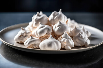 Fototapeta na wymiar Dish Of Nitrogenfrozen Meringue Cookies With Delicate Crunch. Generative AI