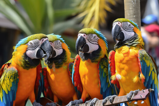 Group Of Parrots Dressed, Perched On Palm Tree And Chirping Tropical Tunes. Generative AI