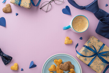 Make Dad's Father's Day memorable! A top-down view of scrumptious homemade cookies, frothy beverage, lovingly crafted accessories, and giftbox on lilac backdrop. Add your own text or ad in empty frame