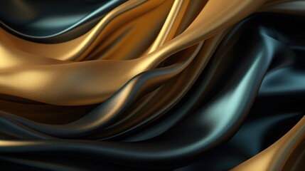 Black and Gold Silk Fabric in Wavy Shiny Abstract Background. Generative AI
