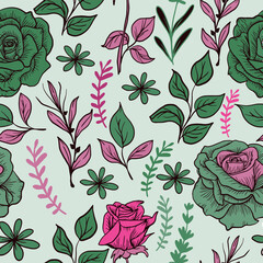 Greenery seamless pattern of flowers and leaves with purple and green colors on light background