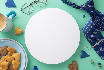 Father's Day breakfast delight: Top view of homemade cookies, coffee, hearts, necktie, cufflinks, glasses, on turquoise background with circle for text or promotional material