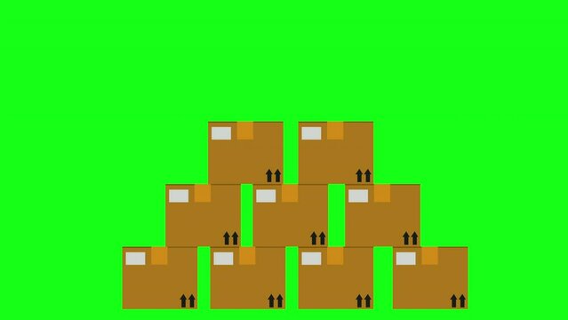 Mechanical claw stacking pile of cardboard boxes on the factory. Green screen animated background. 2D cartoon animation.