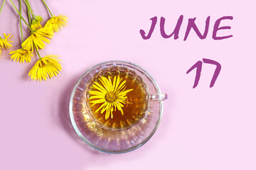 Calendar for June 17: a cup of tea with yellow daisies, a bouquet of daisies on a pastel background, the numbers 17, the name of the month of June in English