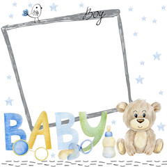 Watercolor baby shower for boy. Cute hand drawn frame with baby elements.