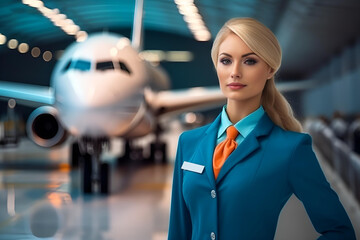 Beautiful Woman Flight Attendant of private Jet. AI generative