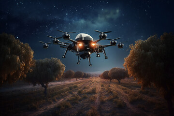 A flying drone in an apple orchard, created with generative AI .