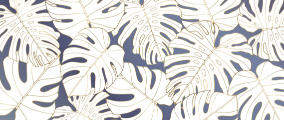 Blue tropical luxury background with golden monstera leaves. Background for decor, designs, postcards, business cards and presentations