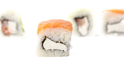 Sushi with fish and cucumber isolated on white background. Close-up