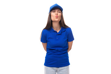 slim young caucasian brunette woman in uniform t-shirt and cap with space for printing on fabric