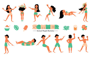 シンプルで可愛い夏の水着の男女の人物イラストと涼を感じるベクターアイコンセット_緑_顔あり