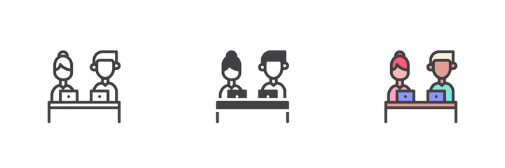 Man and woman and workplace different style icon set