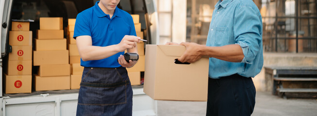 Delivery man by sending box of parcel to customers service at home as having corona virus disease and shipping concept..