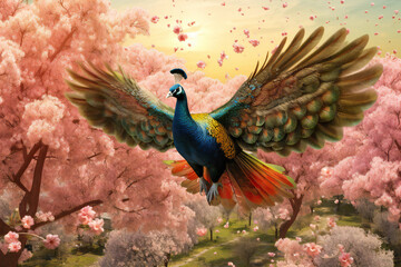 A peacock in a garden of blooming apple trees, created with generative AI .