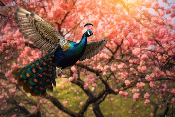 Obraz premium A peacock in a garden of blooming apple trees, created with generative AI .