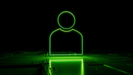 Green neon light user icon. Vibrant colored Social technology symbol, on a black background with high tech floor. 3D Render
