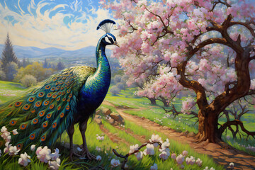 Obraz premium A peacock in a garden of blooming apple trees, created with generative AI .