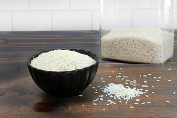Raw long grain white rice in bowl