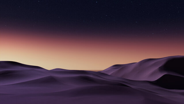 Sunset Landscape, with Desert Sand Dunes. Peaceful Modern Background with Warm Gradient Starry Sky
