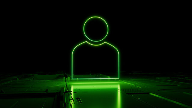 Green neon light user icon. Vibrant colored Social technology symbol, on a black background with high tech floor. 3D Render