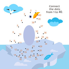 Connect the dots from 1 to 40. Educational game for kids. Cute penguin on an ice floe. Activity page for children. Vector illustration.