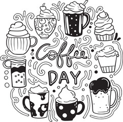 Coffee Day. Mandala art mug and cupcakes for background,  Valentine's day or greeting Cards. Hand-drawn with inspiration word. Coloring book for adults and kids. Vector Illustration.