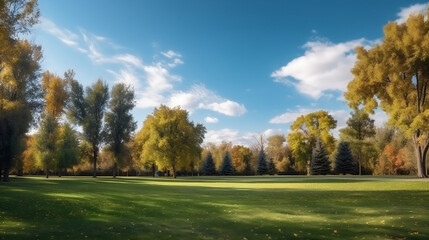 Fototapeta premium A bright and sunny day illuminates the beautiful blurred background image of spring nature, showcasing fresh grass, trees, and a blue sky with clouds, Generative AI