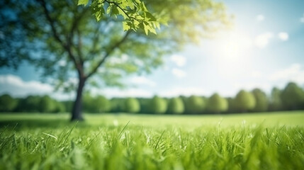 A vibrant and sunny day reveals a stunning blurred background image of spring nature, including fresh grass, trees, and a blue sky with clouds, Generative AI