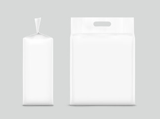 Stand bag with handle mockups. Vector illustration. Ready for your design. Suite for the presentation of diaper, pants, wet wipes, foods, household, etc. EPS10.