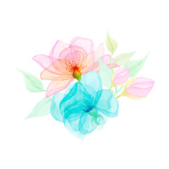 Watercolor drawing of half-transparent clear blue and purple flowers and blossoms with stems and leaves on white background. Nice picture for illustration, stickers, cards, scrapbooking