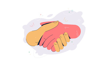 Shaking hands business vector illustration. Two hand holding each other. Help support and solidarity. Diverse nationality collaborate together for successful result. Team Business handshake. Deal.