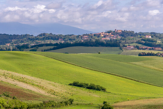 The Orciano Pisano countryside with Lorenzana in the background, on a sunny spring day, Pisa, Italy