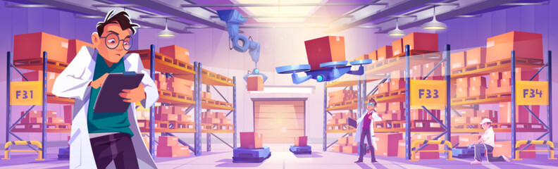 Warehouse factory room and worker writing on clipboard vector. Manufacture worker inside storage with modern drone delivery and robot hand automation logistics. Stockroom interior with parcel and box