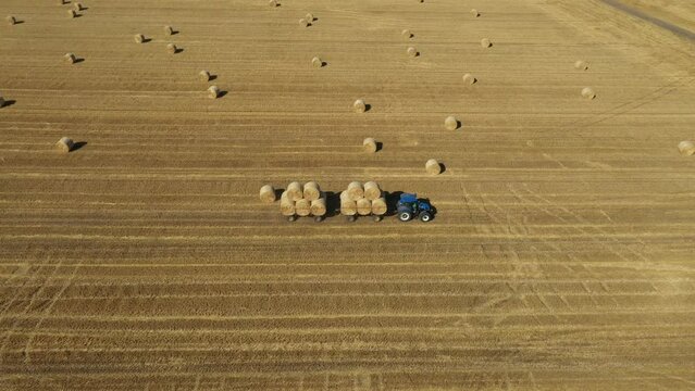 Above camera panning view, dolly move lateral, tractor as dragging trailer piled up with round bales of straw ride over farmland, arable field, stubble of wheat.
