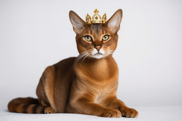 Beautiful Abyssinian Cat In Gold Crown On White Background. Generative AI